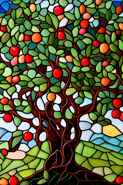 Beautiful, colorful, faux stained glass image of an apple tree Stained Glass Apple, Tree Stained Glass, Stain Glass Window Art, Glass Apple, Abstract Tree Painting, Stained Glass Patterns Free, Glass Window Art, Stained Glass Paint, Glass Paint