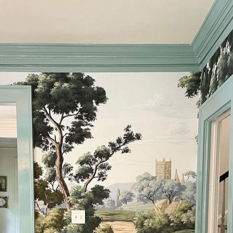 The Mural Source on Instagram: "A progress shot of a beautiful dining room featuring Derbyshire, a panoramic landscape mural of the English countryside. Photo/Design: @clarybosbyshell" Scenic Mural, Clary Bosbyshell, Mural Inspiration, High Point Furniture Market, Scenic Wallpaper, Beautiful Dining Rooms, Paper Ideas, Furniture Market, Holiday Entertaining