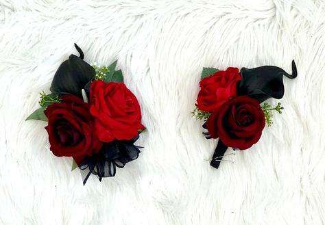 Corsage Red And Black, Black Corsage Prom, Black Corsage And Boutonniere, Red And Black Corsage, Black Boutonniere, Red Boutonniere, Black Corsage, Black Calla Lily, Calla Lily Boutonniere