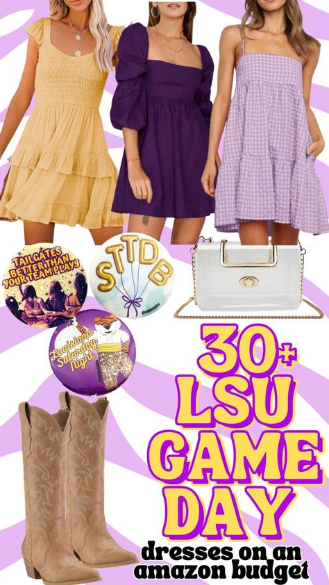 Show your tiger spirit in these purple and yellow dresses! Shop directly on amazon and on a budget! Gameday buttons by @reblcreative #backtoschool #lsu #geauxtigers #louisiana #sttdb #tailgating #gamedayfit Game Day Dresses, Gameday Buttons, Lsu Game Day, Lsu Game, Tiger Spirit, College Game Day, Lsu Football, College Game Days, Geaux Tigers