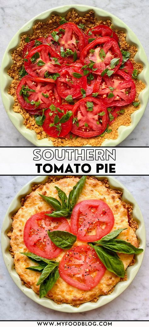 Two graphics depicting a tomato pie in process and another that is fully baked. Tomato Pie Recipe Southern, Tomato Pie Recipe Easy, Tomato Basil Pie, Green Tomato Pie, Grits Recipes, Southern Tomato Pie, Recipe Keeper, Tomato Pie Recipe, Italian Meals