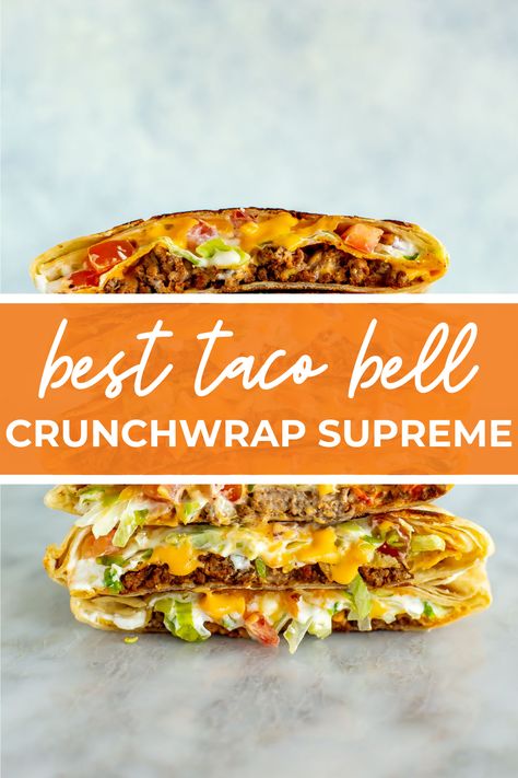 This Copycat Taco Bell Crunchwrap Supreme tastes just like the real deal! It's super crispy and loaded with taco meat, veggies and cheese. Crunch Wraps Taco Bell, Crunch Wrap Burger, Taco Bell Crunch Wrap Supreme Recipe, Tacobell Crunch Wrap, Easy Crunch Wrap Supreme, Crunchwrap Sheetpan, Blackstone Crunchwrap Supreme, Copycat Crunchwrap Supreme, Copycat Taco Bell Meat