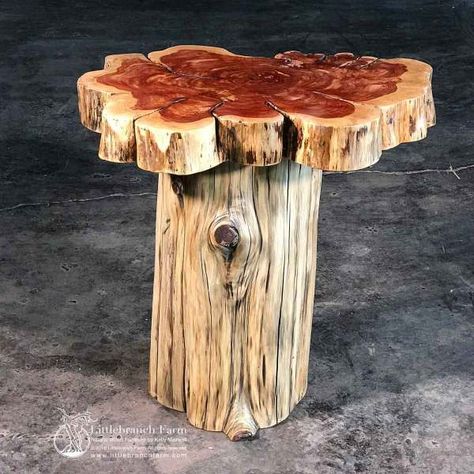 This simple side table is made from Eastern red cedar and will add an organic touch to any kind of decor. Log tables are available in redwood, maple, Western cedar and even walnut. Custom sizes available #littlebranchfarm #logfurniture #logtable #endtable #sidetable #rusticendtable #treestumpendtable #treetrunkendtable #liveedgeendtable #handcraftedendtable #cedarendtable #woodsidetable #rusticlogendtable #treeslicetable #wooslabtable Log End Table, Log End Tables, Cedar Wood Projects, Rustic Accent Table, Burled Wood Coffee Table, Cedar Table, Eastern Red Cedar, Live Edge Design, Log Table