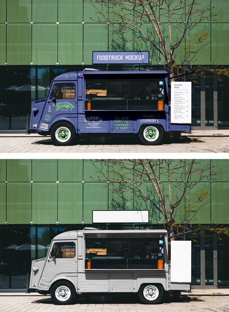 Open food truck with small banner and menu park across corporate building. Food Truck Mockup, Foodtruck Design, Vintage Food Truck, Food Truck Branding, Burger Business, Truck Branding, Food Truck Trailer, Work Presentation, Food Truck Events