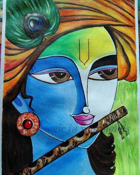 Acrylic Krishna Painting. #wall #art #gold #leaf #photography #love #nature #streetart #luxury Modern Art Krishna, Laddu Gopal Painting On Canvas, Acrylic Canvas Painting Designs, Krishna Simple Painting, Colour Full Painting, Cool Colours Painting, Modern Art Paintings Abstract Acrylics, Krishna Canvas Painting Acrylics, Abstract Krishna Painting