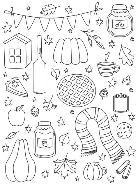 Hand drawn outline autumn sketch. Doodle set elements. Fall coloring book. Cozy warm cottegecore. Vector cartoon illustration. Fall Coloring Book Pages, Fall Tree Doodle, Fall Doodles Autumn Simple, Aesthetic Fall Coloring Pages, Fall Doodles Easy, Easy Fall Coloring Pages, Cozy Doodles, Fall Doodles Autumn, October Doodles