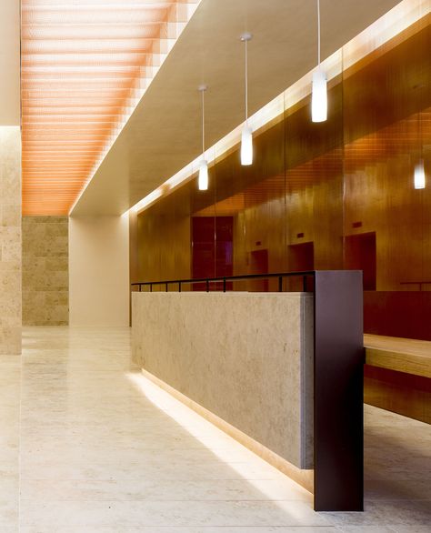 Reception Desk Lighting, Resturant Design, Carlton House, Wall Partition Design, Copper Interior, Brutalist Buildings, Metal Cladding, Expanded Metal, Partition Design