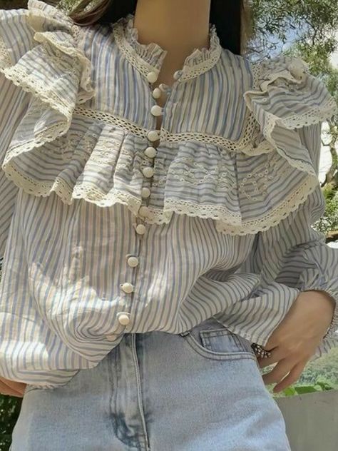 Taupe Trim, Lace Button, Trim Top, Neck Lace, Button Down Blouse, Outfits Casuales, Striped Shirt, Modest Fashion, Passion For Fashion