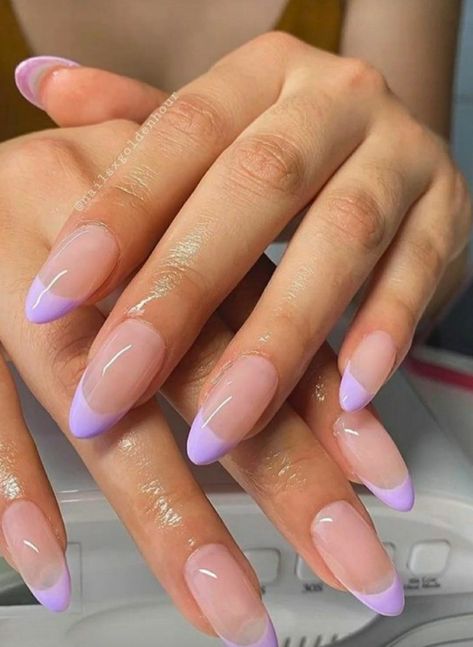 Colorful Tip Nails Almond, Short Acrylic Nails Almond French Tips Pastel, Almond Nails With Purple Tips, Lilac Tip Acrylic Nails, Lavender Nails Tips, Lavender French Tips Nails, Lavender Nail Inspo Almond, Lavender Tip Nails Almond, Lavender French Tip Acrylic Nails