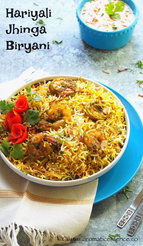 This Prawn Biryani is a delectable rice dish, prepared with an uber delicious green masala consisting of cilantro/coriander leaves and warm spices. It is hearty, wholesome, aromatic and just what you need for a satisfying seafood meal! I love all Prawn Biryani Recipes, Prawn Biryani, Goan Food, Spicy Prawns, Prawn Recipes, Fruit Serving, Rice Dish, Global Cuisine, Biryani Recipe