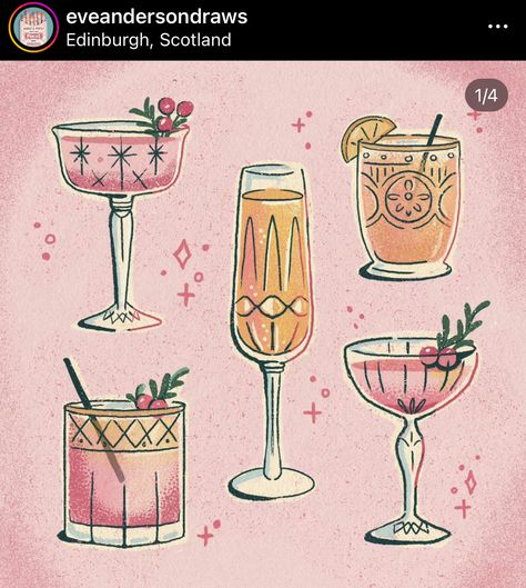 Cocktails Drawing, Food Illustration Art, Festive Cocktails, Christmas Cocktails, Christmas Drinks, Natural Wood Frames, Christmas Illustration, Food Illustrations, Canvas Artwork