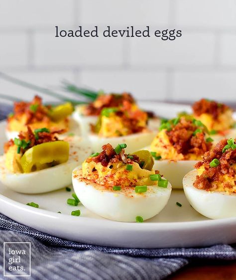 Loaded deviled eggs on a platter Loaded Deviled Eggs, Smoked Deviled Eggs, Egg Platter, Clean Eating Guide, Deviled Eggs Easy, Deviled Eggs Classic, Flan Recipe, Iowa Girl Eats, Delicious Appetizer Recipes