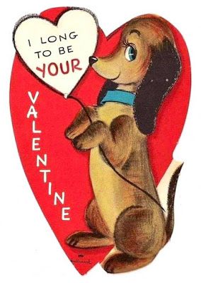 Vintage dachshund Valentine - This dachshund has a white heart balloon and a blue collar.  "I long to be your Valentine." Dachshund Valentines, Valentine Painting, Retro Valentine Cards, Dear Abby, Arte Dachshund, Vintage Valentine Crafts, Vintage Dachshund, Valentine Images, Dachshund Art