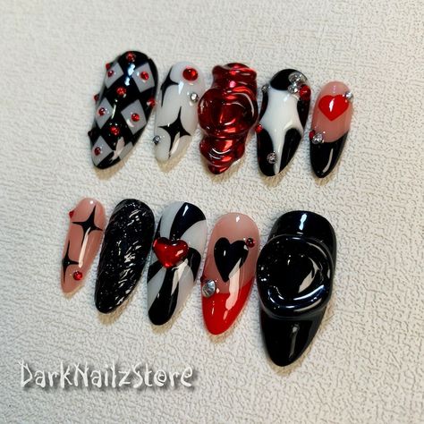 Custom Black Dark Press on Nails, Gothic Punk Rock Red Hearts Nails, Goth Y2K White Press on Nails - Etsy Punk Rock Nails, Gothic Nail Art, Nails Gothic, Nails Goth, Rock Nails, Red Y2k, Retro Nails, Punk Nails, Gothic Nails