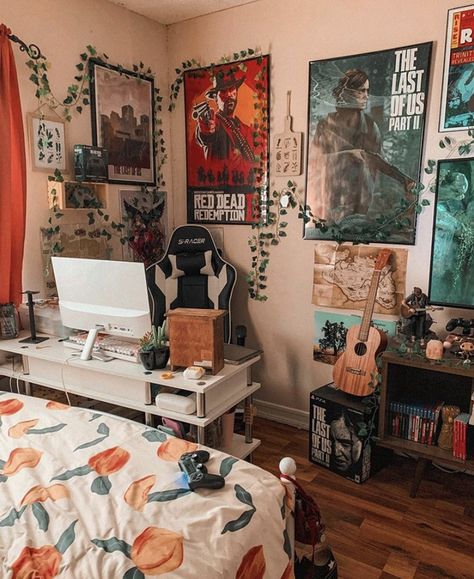 Aesthetic Room With Gaming Setup, Elegant Nerdy Decor, Nerd Dorm Room, Cozy Nerd Aesthetic, Simple Gaming Setup Bedroom, Dystopian Room Ideas, Simple Gaming Setup Aesthetic, Nerd Room Aesthetic Bedroom, Geek Bedroom Aesthetic