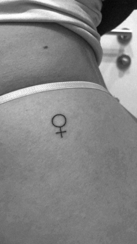 Female Tattoo Symbol, Gender Sign Tattoo, Small In Between Breast Tattoo, Trans Symbol Tattoo, Woman Symbol Tattoo, Dirty Tattoos For Women, Navel Tattoos For Women, Venus Symbol Tattoo, Female Symbol Tattoo