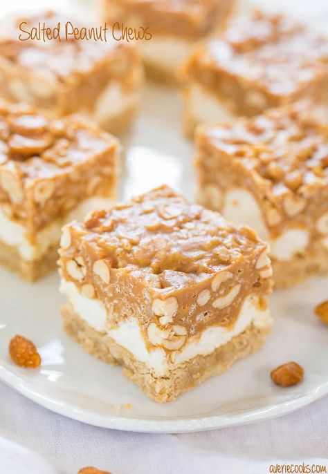 Salted Peanut Chews - Averie Cooks Salted Peanut Chews, Peanut Chews, Salted Nuts, Averie Cooks, Dessert Bar Recipe, Peanut Butter Chips, Yellow Cake, Candy Recipes, Dessert Bars