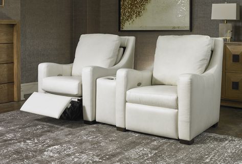 Two reclining home theater chairs shown in white leather with center console White Recliner Chair, Craftsman Home Decor, Theater Chairs, Sherrill Furniture, Theater Recliners, Craftsman Homes, Power Recliners, Center Console, Craftsman House