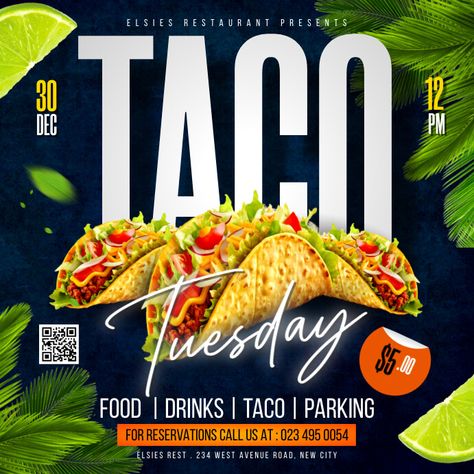 Taco Tuesday Flyer Design, Taco Tuesday Flyer, Taco Poster, Restaurant Flyer Design, Restaurant Advertisement, Tacos Tuesday, Taco Images, Food Instagram Post, Tacos Menu