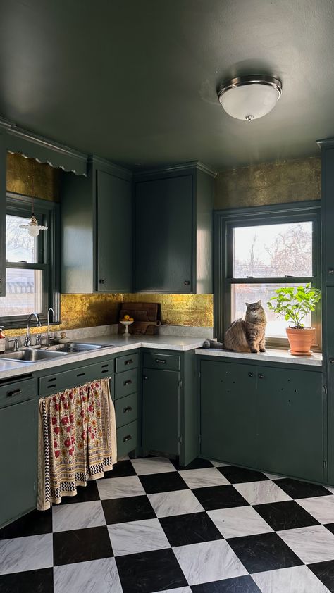 A DIY guide to creating a brass backsplash with brass shimstock. Moody Green Kitchen, Brass Backsplash, Kitchen Countertop Accessories, Harlequin Floors, Flat Front Cabinets, Green Tile Backsplash, Moody Green, White Farmhouse Sink, Green Backsplash