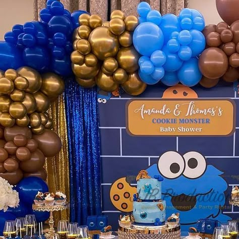 Cookie Monster Themed Birthday Party, Cookie Monster Balloon Decorations, Boy Theme Baby Shower Ideas, Cookie Monster Gender Reveal, Sesame Street Baby Shower Ideas, Cookie Monster Balloon Garland, Cookie Monster Balloons, Cookie Monster Backdrop, Cookie Monster Centerpiece Ideas