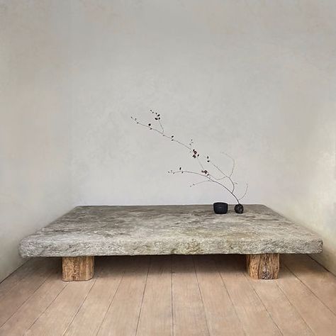 Stone Tables, Moroccan Style Interior, Japandi Interior Design, Reclaimed Wood Table, Stone Coffee Table, Reclaimed Wood Coffee Table, Japandi Interior, Concrete Furniture, Rustic Stone