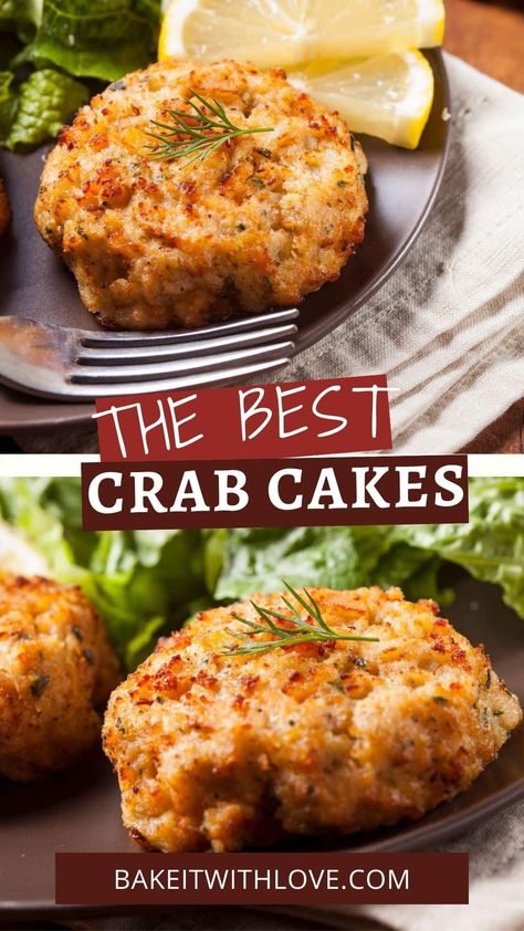 Crab cakes are a quick and simple seafood appetizer or main dish that will impress and delight the whole family any night of the week! Crushed Ritz crackers, lemon juice, crab meat, seasonings, and mayonnaise are mixed together to form the cake patties. Making my homemade crab cakes is incredibly straightforward and delicious! BakeItWithLove.com #bakeitwithlove #crabcake #seafood #appetizer #fish Crab Cakes With Ritz Crackers, Baked Crab Cakes, Homemade Crab Cakes, Crab Cake Recipes, Creamy Shrimp Pasta, Crab Cake Recipe, Peanut Butter No Bake, Crab Cake, Appetizer Dishes