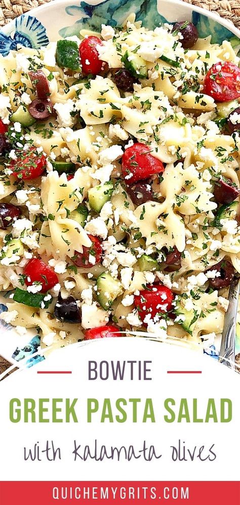 bowtie greek salad on a colorful plate. Greek Bow Tie Pasta Salad, Bow Tie Feta Pasta Salad, Shrimp And Feta Pasta Salad, Greek Bowtie Pasta Salad, Pasta Salad With Feta Cheese And Olives, Greek Feta Pasta Salad, Greek Pasta Salad With Shrimp, Greek Pasta Salad Recipes Cold, Bowtie Pasta Recipes Salad