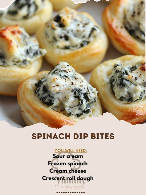 🧀 "Bite-sized bliss! These Spinach Dip Bites are a creamy, cheesy delight that’s perfect for any gathering." 🥳✨ #SpinachDip #PartySnacks Spinach Dip Bites Ingredients: Crescent roll dough (1 can) (8 oz) Cream cheese, softened (4 oz) Sour cream (¼ cup) Frozen spinach, thawed and drained (½ cup) Garlic powder (½ tsp) Parmesan cheese, grated (¼ cup) Mozzarella cheese, shredded (¼ cup) Salt (¼ tsp) Pepper (¼ tsp) Instructions: Preheat oven to 375°F (190°C). Unroll crescent dough and cut into ... Spinach Dip Bites, Crescent Dough, Crescent Roll Dough, Crescent Roll, Spinach Dip, Frozen Spinach, Spinach And Cheese, Football Food, Crescent Rolls