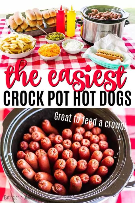 Crock Pot Hot Dogs are so easy and perfect for parties and to feed a crowd. The slow cooker does all of the work and the hot dogs stay warm. It is easy! Hot Dogs In Crock Pot Parties, Hotdogs For A Crowd Parties, Hot Dogs For A Crowd Parties, Hot Dogs In Crock Pot, Crockpot Hotdogs, Crock Pot Hot Dogs, Crockpot Meals Recipes, Crockpot Party, Crockpot Party Food