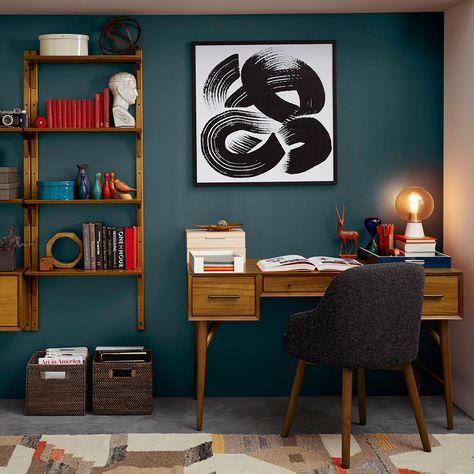 Need a room color perfect for work or play? An accent wall in Oceanside SW 6496 just might suit your cozy style! Find even more inspiration in our West Elm 2016 Spring-Summer Collection. Modern Bureau, Mid Century Modern Desk, Desk Plans, Mid Century Desk, Room Color, Cozy Style, Modern Desk, Cool Chairs, Home Office Design