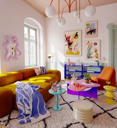 Colorful Modern Living Room, Mustard Sofa, Quirky Apartment, Minimalist Living Room Apartment, Fun Living Room, Colorful Living Room, Vibrant Living Room, Colorful Apartment, Small Couch