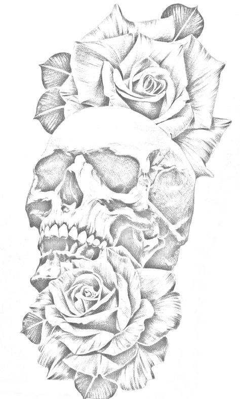 Owl And Rose Tattoo, Rose And Skull Tattoo, Skull With Flowers Tattoo, Tattoo Stencils For Men, Day Of The Dead Skull Tattoo, Rose Tattoo Cover Up, Tattoo Stencil Designs, Chest Tattoo Stencils, Rose Tattoo Stencil