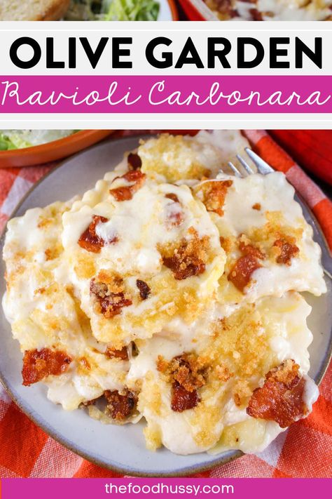 Olive Garden Carbonara Sauce, Copycat Olive Garden Ravioli Carbonara, Ravioli Carbonara Olive Garden, Olive Garden Ravioli Recipe, Recipes With Ravioli, Olive Garden Carbonara Recipe, Cheese Ravioli Recipes, Ravioli Recipe Sauce, Olive Garden Ravioli Carbonara