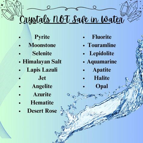 This is a short list of well known crystals that should not come into contact with water. Water Safe Crystals List, Healing Spirituality, Crystal Guide, Energy Healing Spirituality, Mind Body Soul, Body And Soul, Crystal Gems, In Water, Energy Healing