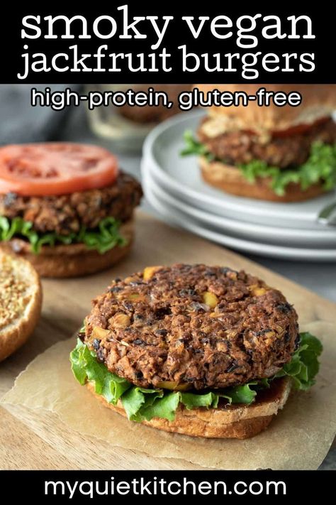 These hearty jackfruit burgers are full of texture, flavor, and protein thanks to black beans, walnuts (or seeds), and TVP. A touch of BBQ sauce gives the patties an irresistible sweet-and-smoky flavor that tastes great on a bun, on salads, or atop your favorite grain! Nut-free and oil-free options. WFPB option. #veggieburger #jackfruit Jackfruit Burger Patty, Jackfruit Burger, Vegan Jackfruit, Food Comfort, Canned Jackfruit, Vegan Burger Recipe, On A Bun, Jackfruit Recipes, Burger Meat