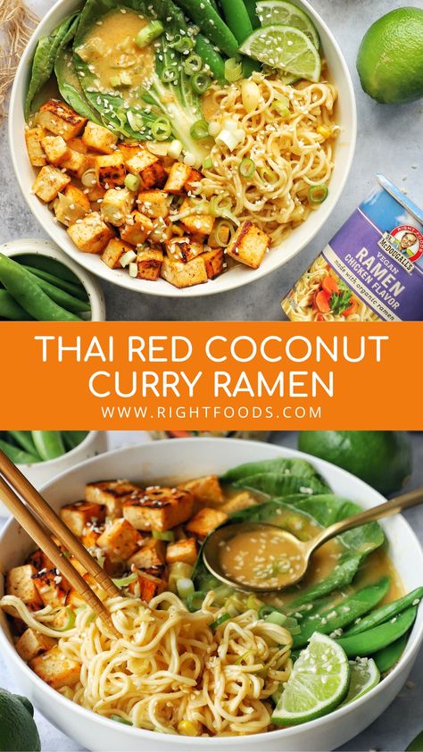 This vegan Thai red coconut curry ramen is a flavorful vegan dish filled with veggies and slurpy noodles that can be made in no time! Vegan Coconut Ramen, Coconut Curry Ramen Soup, Coconut Ramen, Coconut Curry Ramen, Tofu Ramen, Curry Ramen, Coconut Curry Soup, Ramen Noodle Recipes, Vegan Ramen