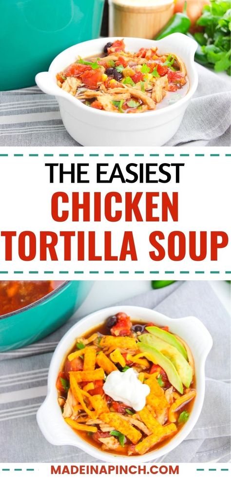 This Chicken Tortilla Soup recipe is easy, delicious comfort food made in one pot! Garnish this delicious soup with all your favorite toppings for the perfect Tex-Mex-inspired meal! Best Chicken Tortilla Soup Recipe, The Best Chicken Tortilla Soup, Easy Tortilla Soup Recipe, Gf Soup, Easy Chicken Tortilla Soup Recipe, Easy Chicken Tortilla Soup, Best Chicken Tortilla Soup, Chicken Tortilla Soup Recipe, Chicken Tortilla Soup Easy