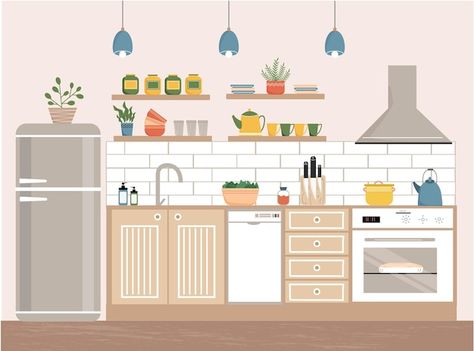 Kitchen With Furniture, Part Time Business Ideas, Vector Kitchen, Scandinavian Interior Kitchen, Book Illustration Design, Paper Doll House, Furniture Logo, Iphone Wallpaper Hd Nature, Bright Kitchens