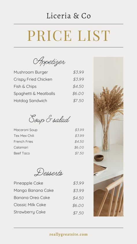 Beige Food Menu Price List for Your Story Price List Layout, Tex Mex Chili, Beige Food, Hotdog Sandwich, Pricing List, Macaroni Soup, Price List Design, Mushroom Burger, Paper Background Design