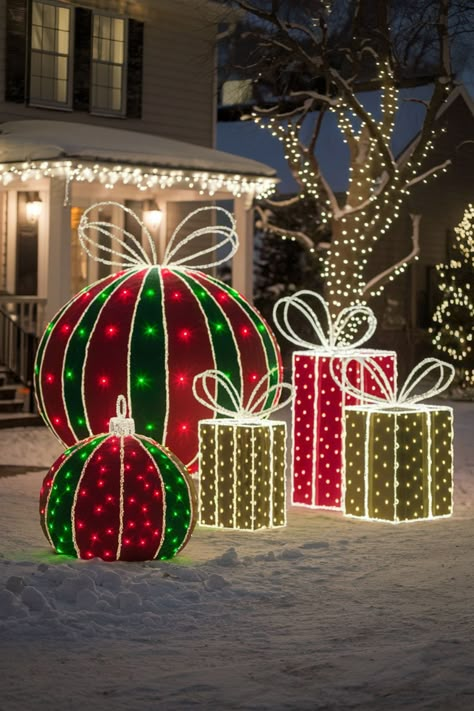 25 Outdoor Christmas Light Ideas to Create a Warm and Festive Glow Christmas Garden Decorations Outdoor, Christmas Light Design Outdoor, Diy Grinch Christmas Decorations Outdoor, Outdoor Christmas Decorations Yard Lights, Gingerbread House Outdoor Decor, Christmas Lights For House, Oversized Christmas Decorations, Outdoor Christmas Light Ideas, Outdoor Xmas Lights