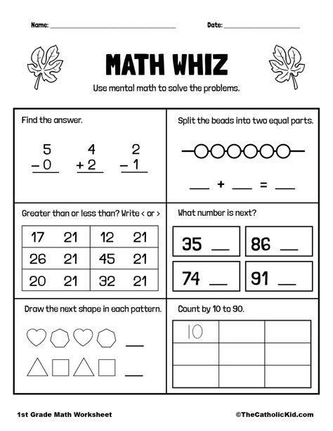 Math Review Page - 1st Grade Math Worksheet Catholic - TheCatholicKid.com Mental Maths Worksheets Grade 2, Math Quiz, Math Division Worksheets, Mini Erasers, Preschool Workbooks, Math Practice Worksheets, First Grade Math Worksheets, Free Printable Math Worksheets, First Grade Worksheets