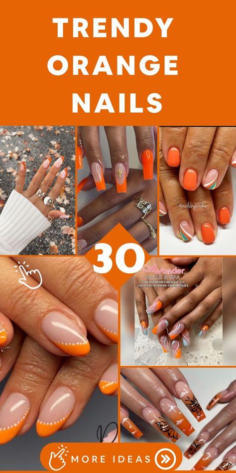 Indulge in the vibrant energy of the sun with stylish orange nail designs that will electrify your look! Our skilled manicurists specialize in crafting stunning nail art showcasing a spectrum of orange hues, from zesty citrus tones to rich pumpkin shades. Whether you seek a chic and polished orange manicure or wish to explore modern nail trends like abstract motifs or negative space art, we guarantee nails that radiate confidence and sophistication. Subtle Orange Nails, Orange White Nails, Trendy Orange Nails, Tennessee Nails, Orange Nail Design, Orange Manicure, Orange Ombre Nails, Short Coffin Nails Designs, Orange Nail Art