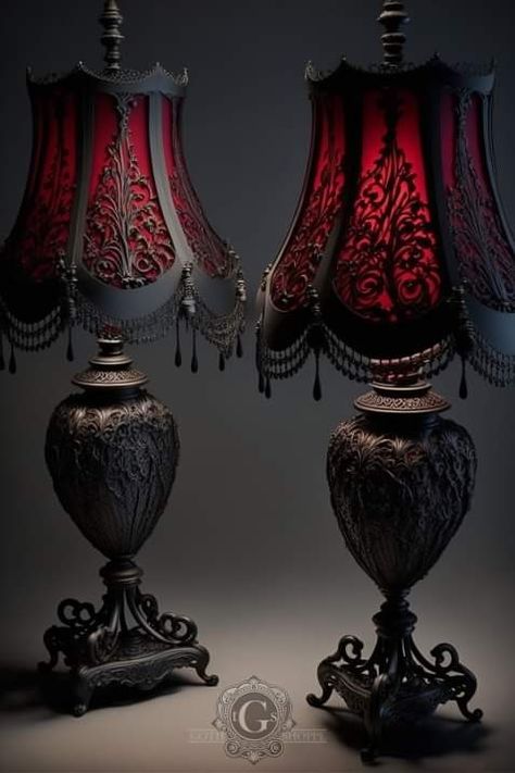 Romantic Goth Home Decor, Vampire Goth Bedroom, Vampire Bedroom Aesthetic, Vampire Room Aesthetic, Southern Gothic Decor, Gothic Lampshade, Bedroom Dark Academia, Rockabilly Home Decor, Whimsigoth Room