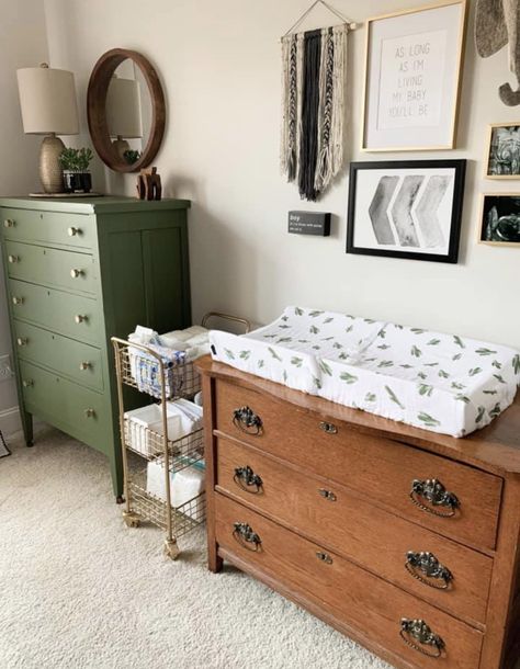 Antique Boho Farmhouse Decor, Simple Boho Master Bed, Cottage Core Themed Nursery, Baby Nursery Corner In Parents Room, Nursery With Antique Furniture, Nursery In Rental Home, Nursery Nook Ideas Master Bedrooms, Thrifted Nursery Ideas, Thrifted Baby Nursery