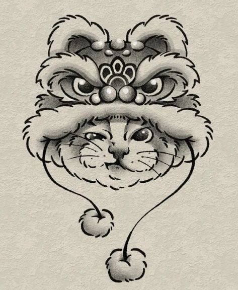 Chinese Cat Drawing, Mon Mon Cat Tattoo, Chinese Cat Tattoo, Chinese Lion Tattoo, Neo Traditional Japanese Tattoo, Cat Face Tattoo, Cat Face Tattoos, Lucky Cat Tattoo, Chinese Cat