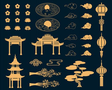 Asian decorative elements set | Free Vector #Freepik #freevector #flower Chinese Culture Design, Chinese Gate, Chinese Icon, Japanese Elements, Chinese Element, Chinese Pattern, Asian Architecture, 카드 디자인, Asian Design