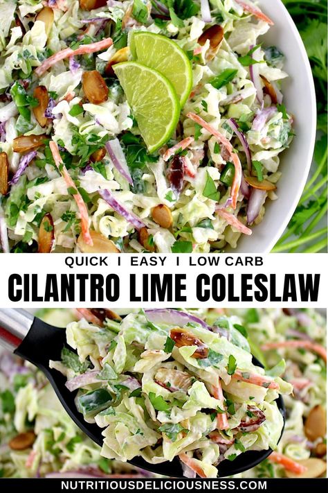 This Cilantro Lime Coleslaw is made with a crisp cabbage mix, crunchy almonds and a zesty homemade dressing. It makes a delicious side dish or topping for tacos, burgers, and BBQ sandwiches. Cilantro Lime Coleslaw, Grilled Shrimp Skewers, Bbq Sandwich, Coleslaw Dressing, Homemade Coleslaw, Cilantro Lime Chicken, Chicken Quesadillas, Low Carb Vegetarian, Coleslaw Mix