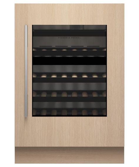 Integrated Wine Cabinet, 24", 35 bottles | Fisher & Paykel USA Undercounter Wine Cooler, Fisher And Paykel, Kitchen Appliances Design, Kitchen Appliances Luxury, Fisher Paykel, Door Alarms, Beverage Center, Oak Shelves, Wine Display