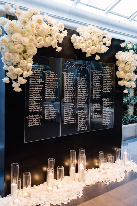 100 People Wedding Seating Layout, Mirrored Table Top Wedding, Wisteria And Black Wedding, Diy Glam Wedding Decor, Moody Wedding Reception Decor, City Chic Wedding Decor, Black And White Luxury Wedding, Chic Black And White Wedding, All White Weddings